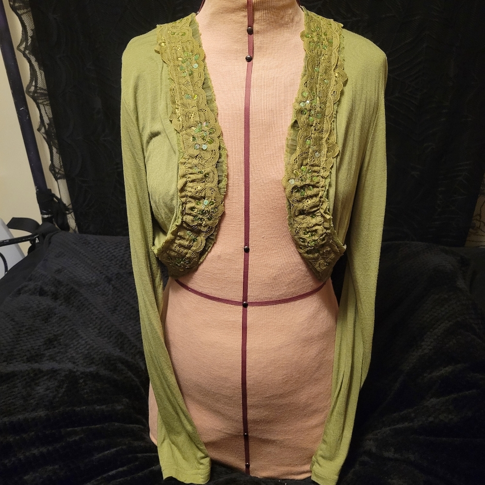 Vtg Y2K Harley Davidson olive green sequins lace long sleeve bolero shrug L NWT - Picture 13 of 16